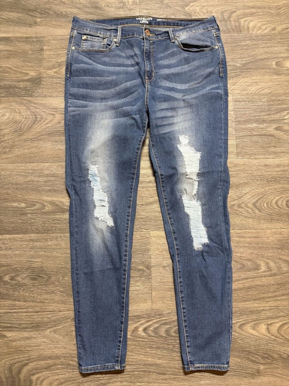 Denizen Levis High Rise Skinny Jegging Jeans 17 33 Distressed Stretch Blue Denim